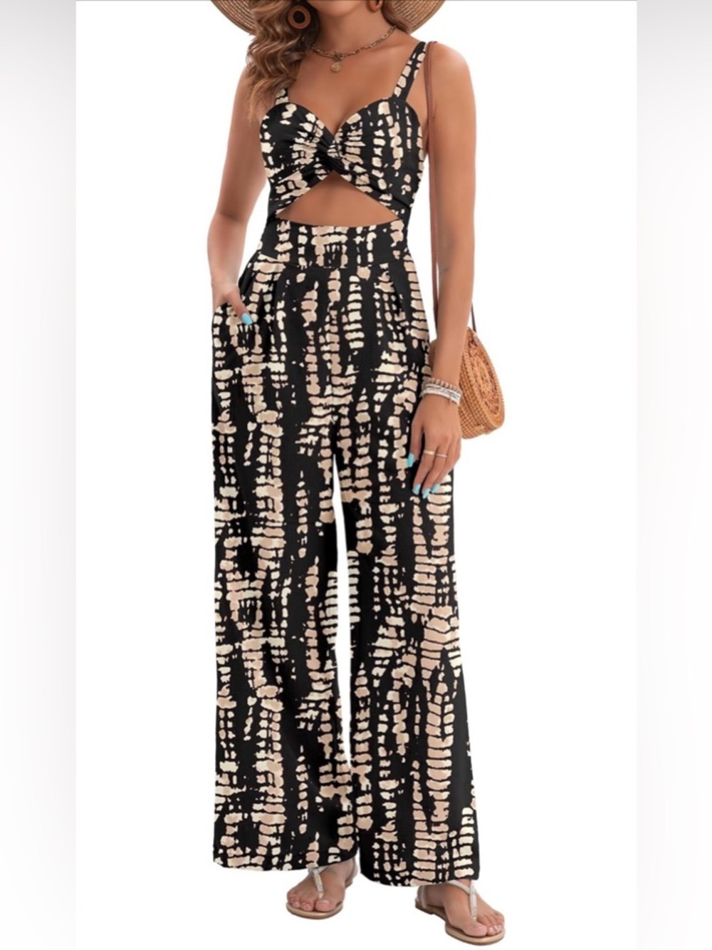 🆕 Dressy Sexy V Neck Twist One Piece Outfits Sleeveless Wide Leg Jumpsuit